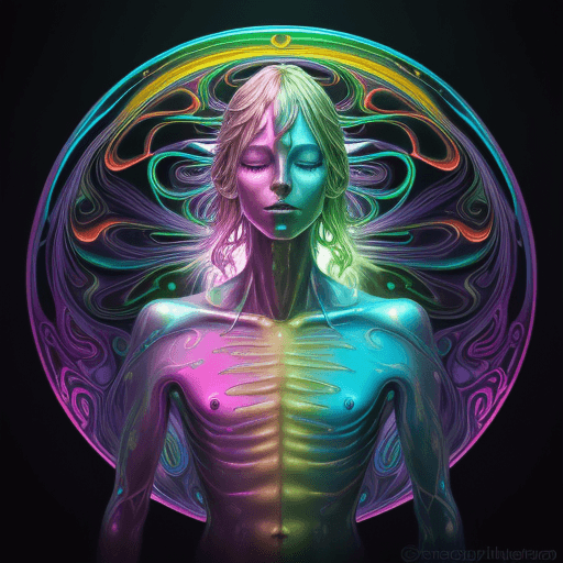 AI generated: 1man, a psychedelic bioluminescent, vibrant color palette dominated by orange, pink, green and blue ...