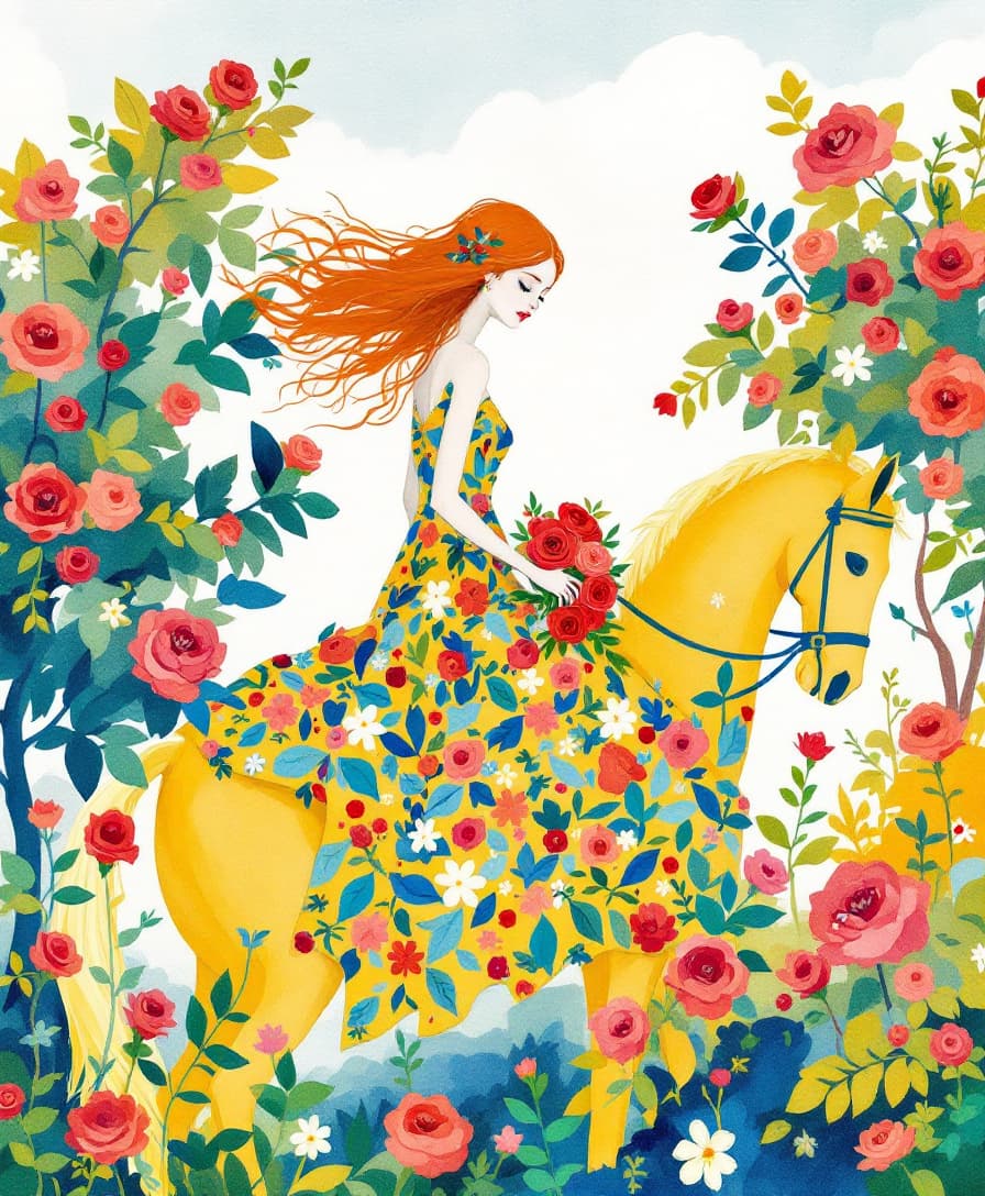 AI generated: Beatriz Milhazes mix watercolor painting featuring a pale young woman with flowing red hair, dressed...
