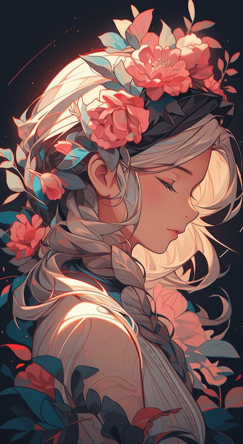 AI generated: a woman with flowers in her hair, in the style of poster art, dark white and light magenta, highly d...