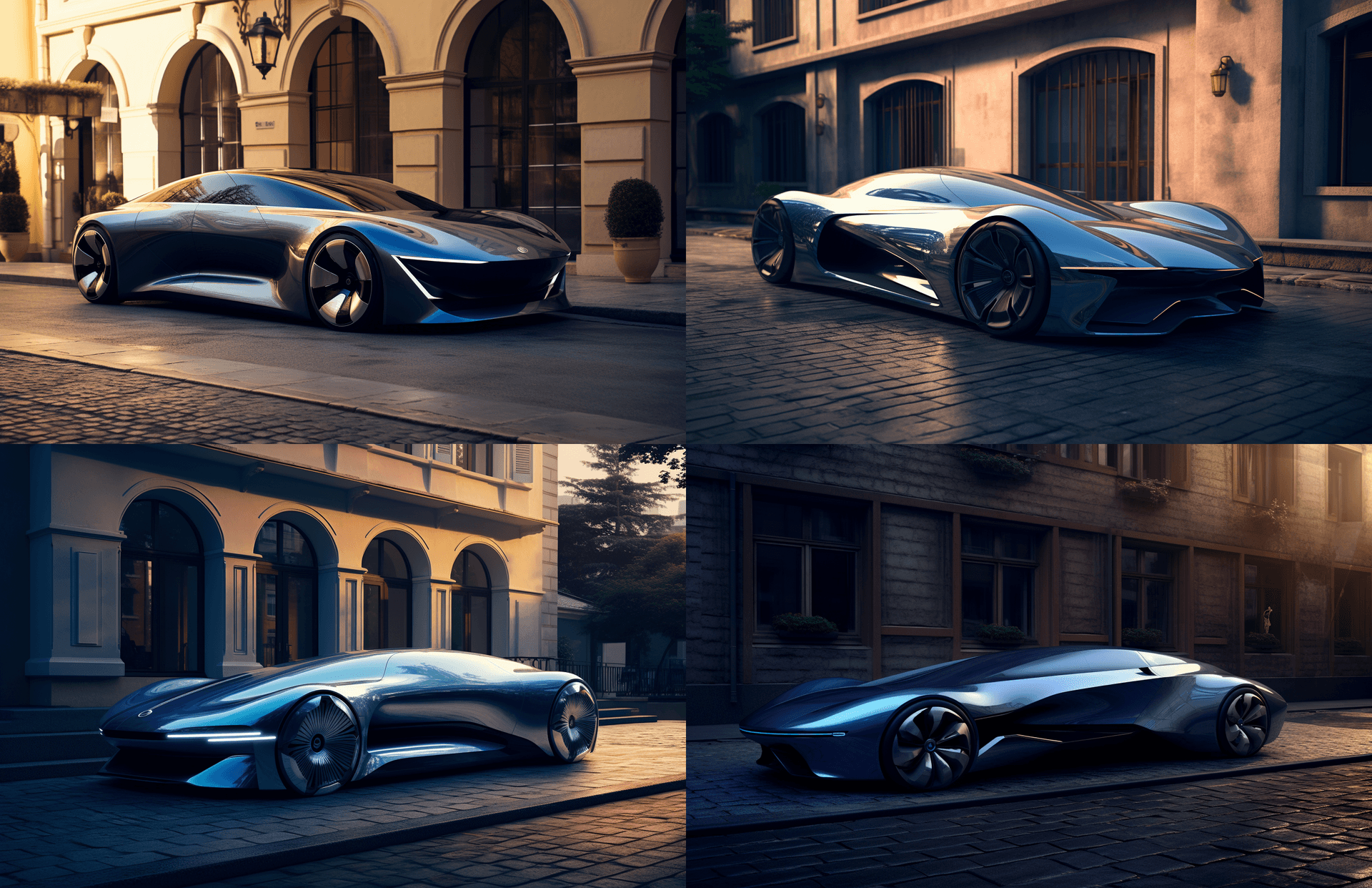 AI generated: A futuristic concept car with an aerodynamic design, featuring blue bodywork and silver wheels parke...