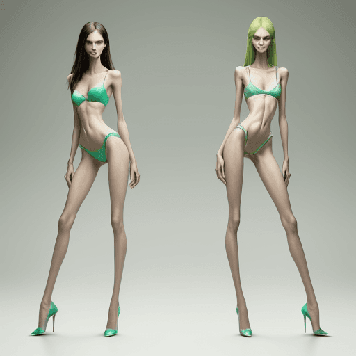 AI generated: photo of an extremely skinny, flat-chested two models with extreme long and skinny legs and long fee...