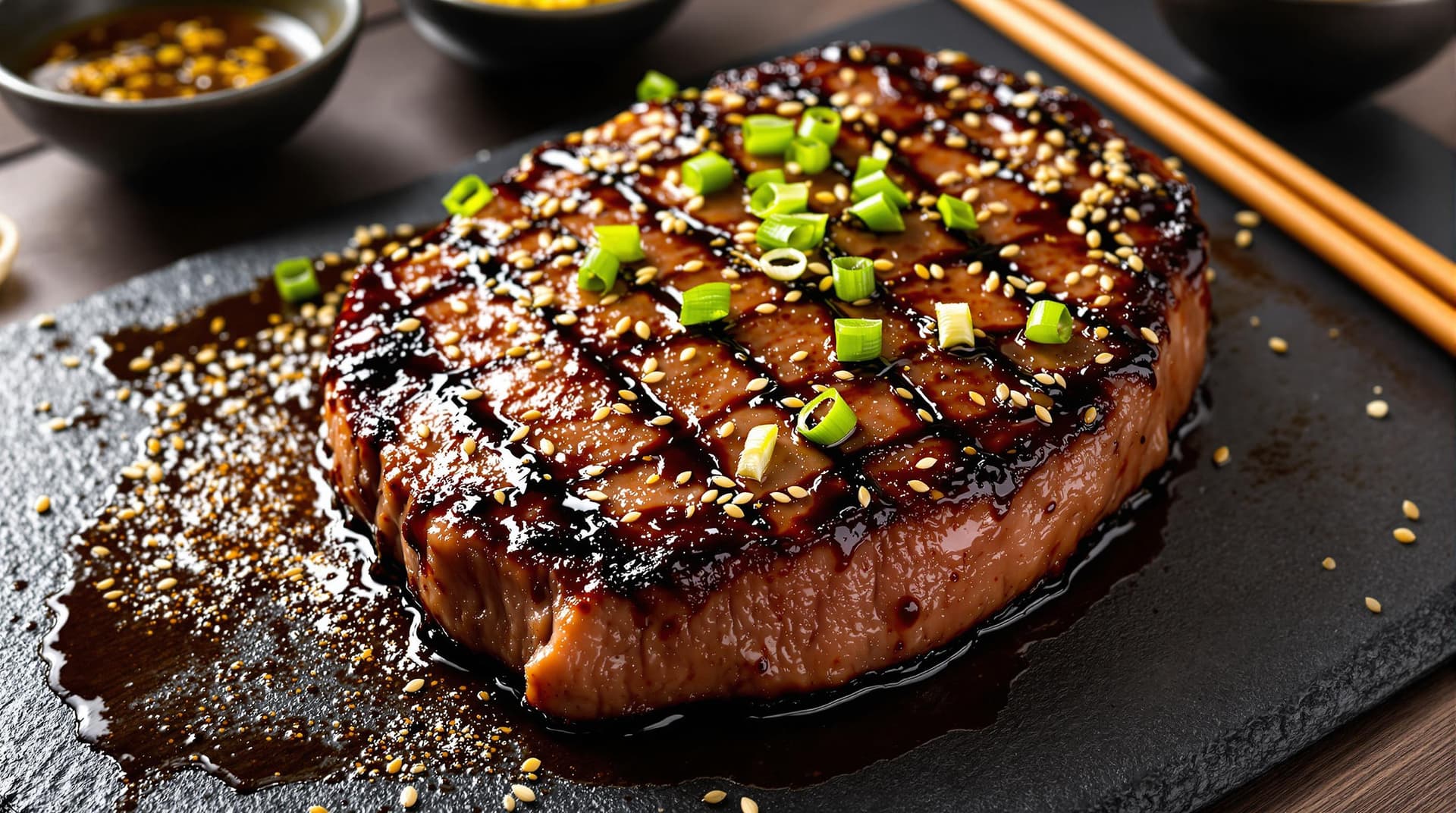 AI generated: "A ribeye steak marinated in a rich soy sauce glaze, glistening under sunlight. Served with a garnis...
