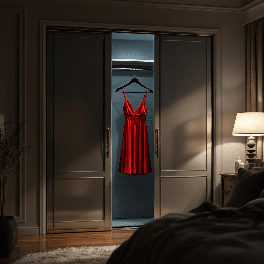 AI generated: A sliding-door open closet in a luxurious bedroom. Inside the closet there is a red spaghetti-strap ...