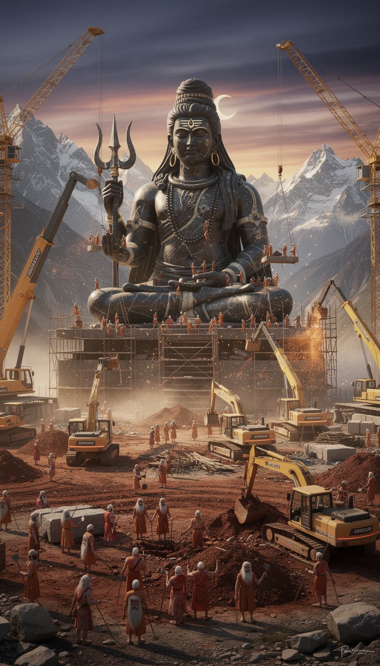 AI generated: A sprawling construction site nestled in a rugged Himalayan valley, where hundreds of miniature sadh...