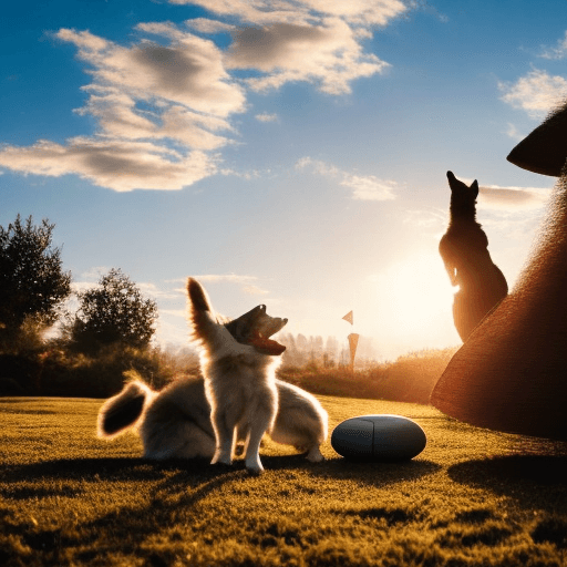 AI generated: An exuberant border collie dog playing with various pet toys in a pet playground, also a beautiful t...