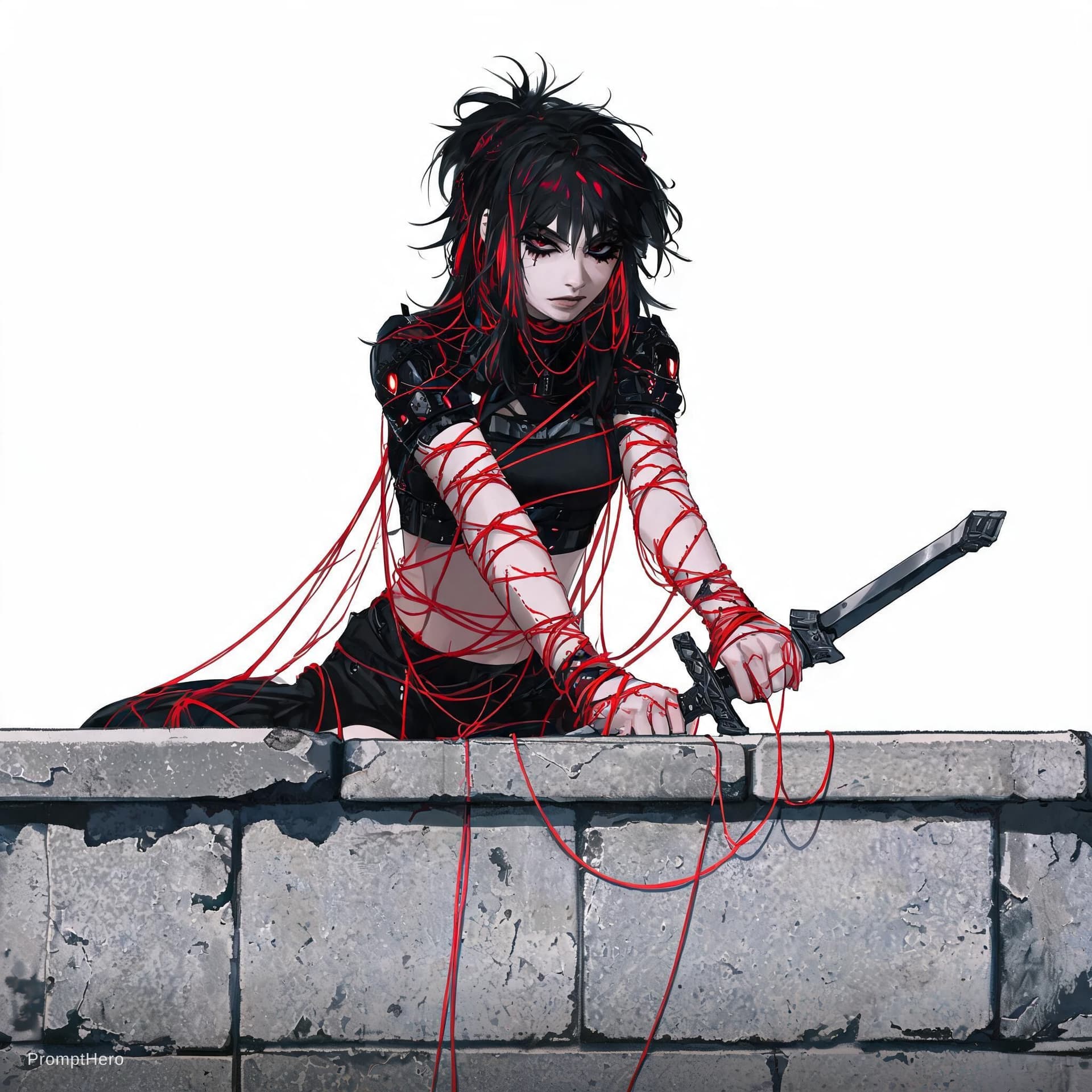 AI generated: Illustration of a girl kneels down behind a wall holding a sword, in the style of cybergoth, red thr...
