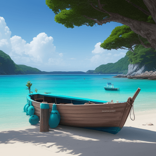 AI generated: there is a small parked wooden boat on the beach but there is no one in sight, lush blue and turquoi...