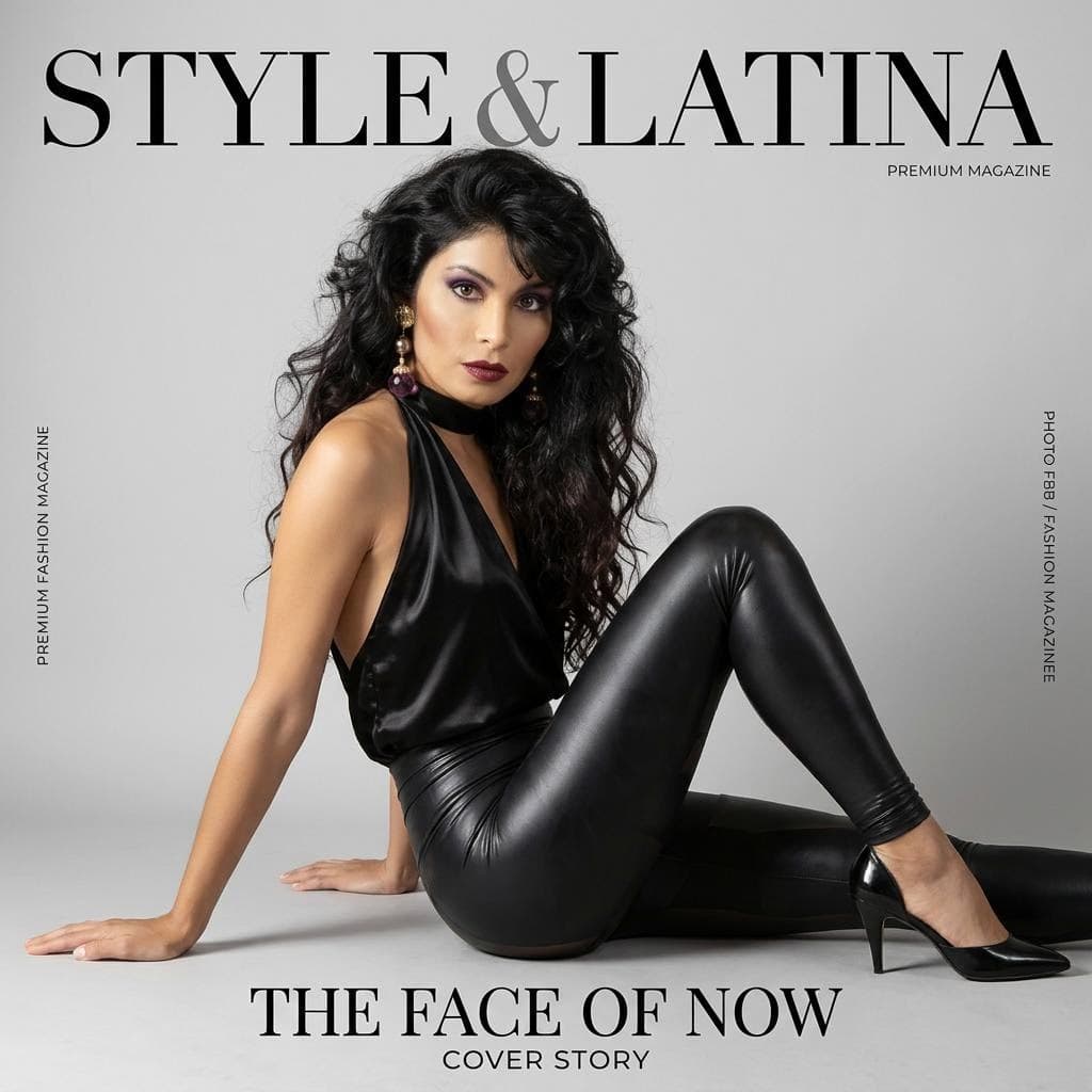 AI generated: A beautiful Latin model is sitting on the floor of a photo studio with a light grey back drop wearin...