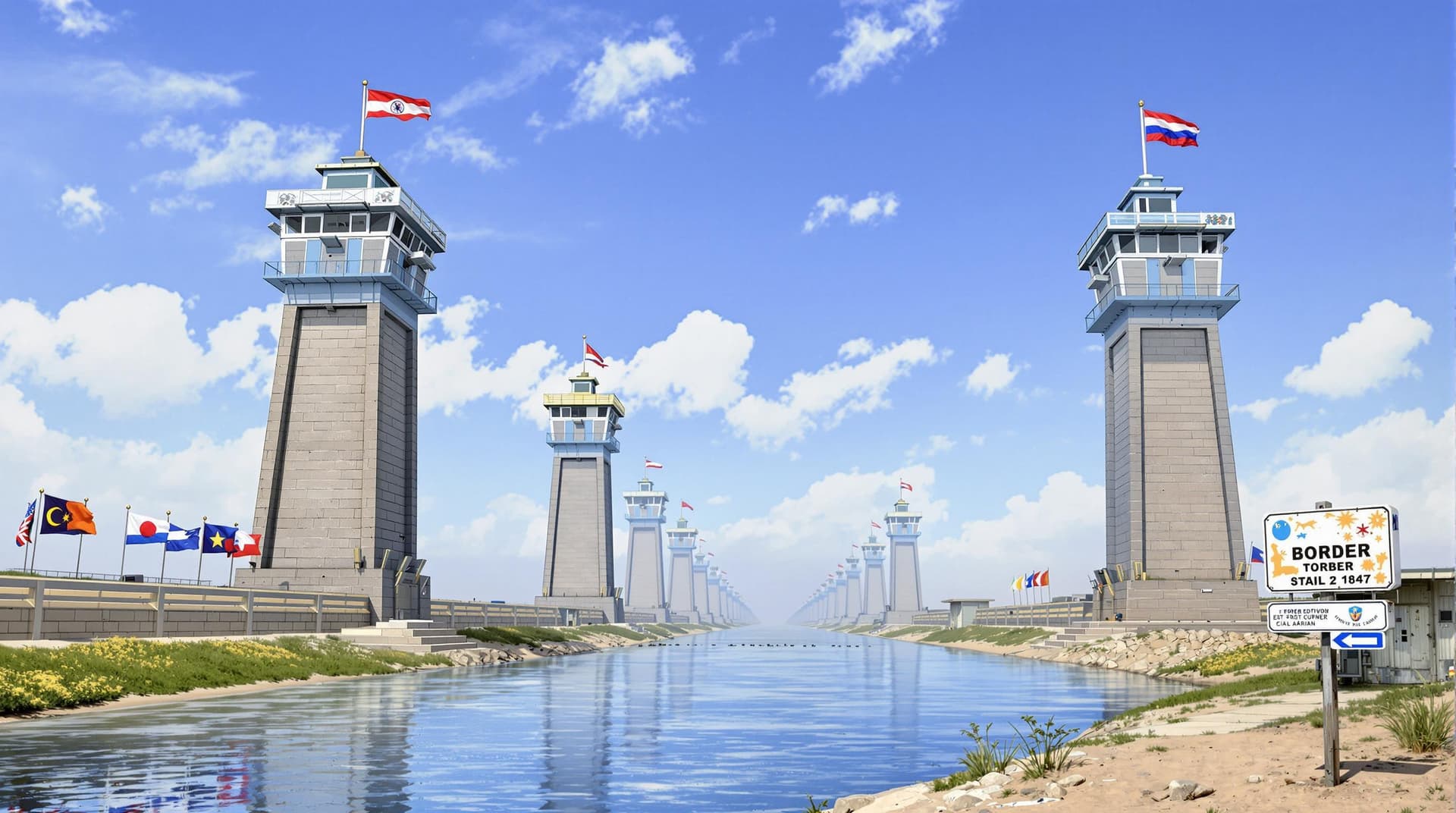 AI generated: Creating an image of a border lanscape. On both sides of the river, tall, imposing military towers s...
