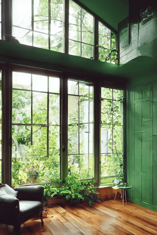 AI generated: high resolution photography interior design, wooden floor, small windows opening onto the garden, lo...
