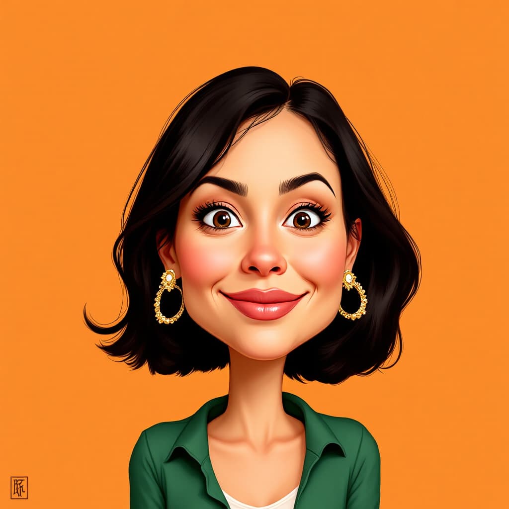 AI generated: A caricature of a woman with exaggerated features is set against a vibrant orange backdrop. 