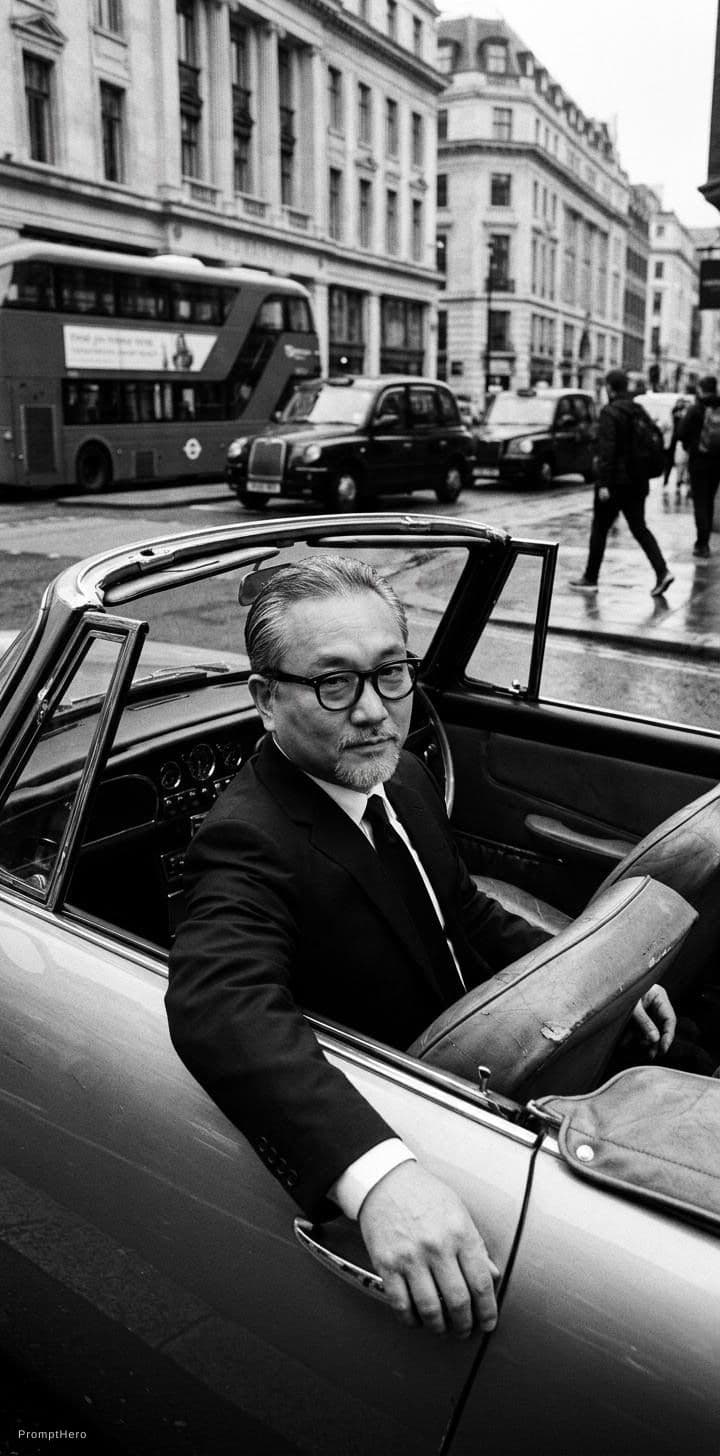 AI generated: Black and white street photography of an attrachied man in black suit jacket sitting inside vintage ...
