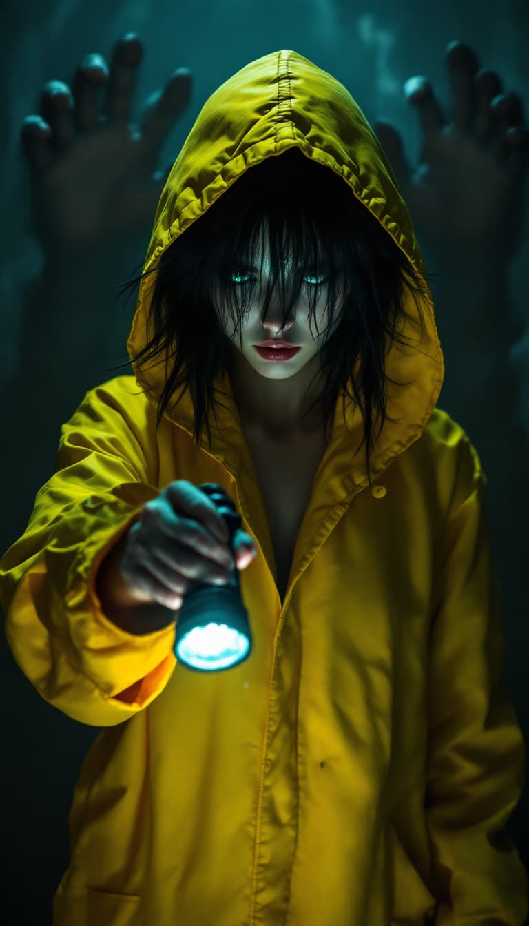 AI generated: full body view of a mysterious 18 year old woman, with messy black hair cut into a bob and long bang...