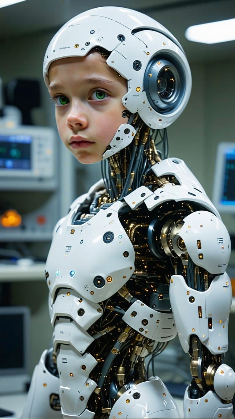 AI generated: exceptionally beautiful eleven year old boy, artificial intelligence robot, (futuristic),(masterpiec...