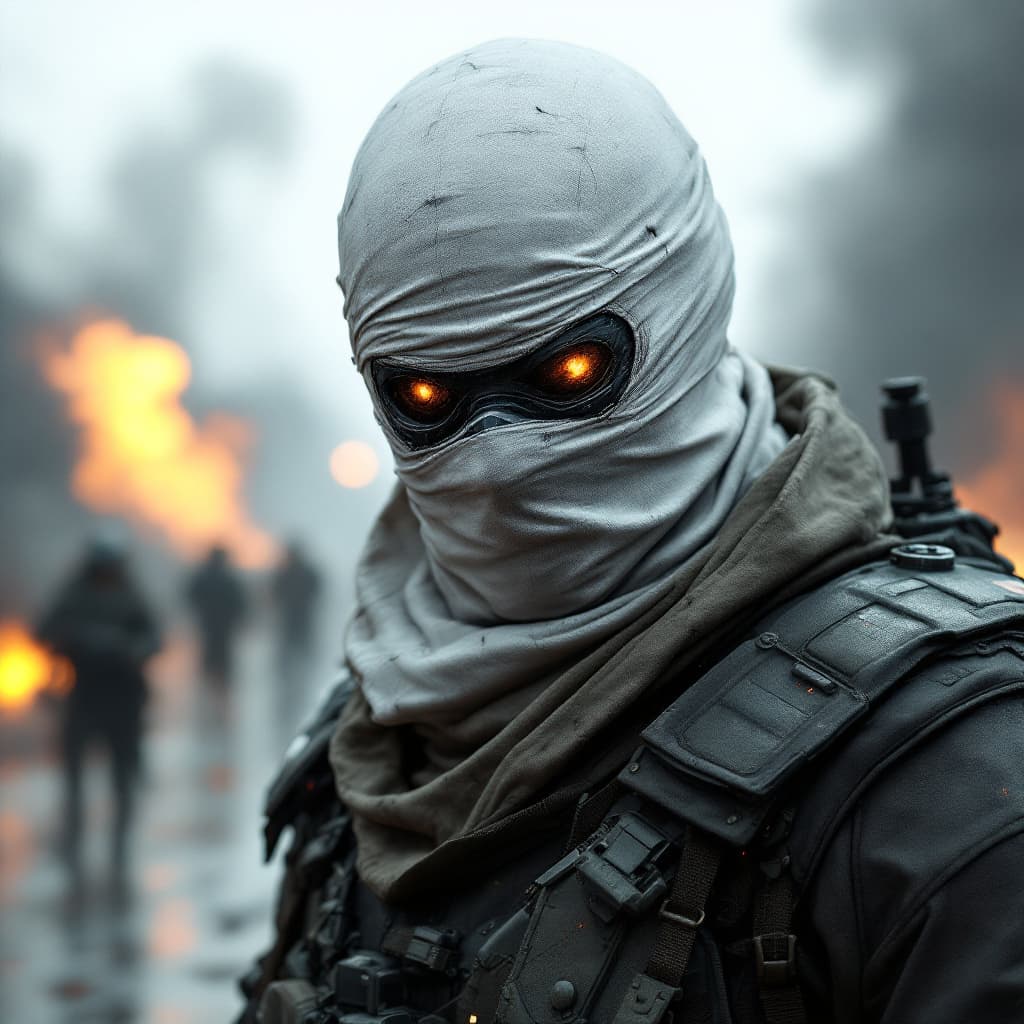 AI generated: aidmaMJ6.1, gundam counter terrorist from the videogame counter strike, face covered with white shee...