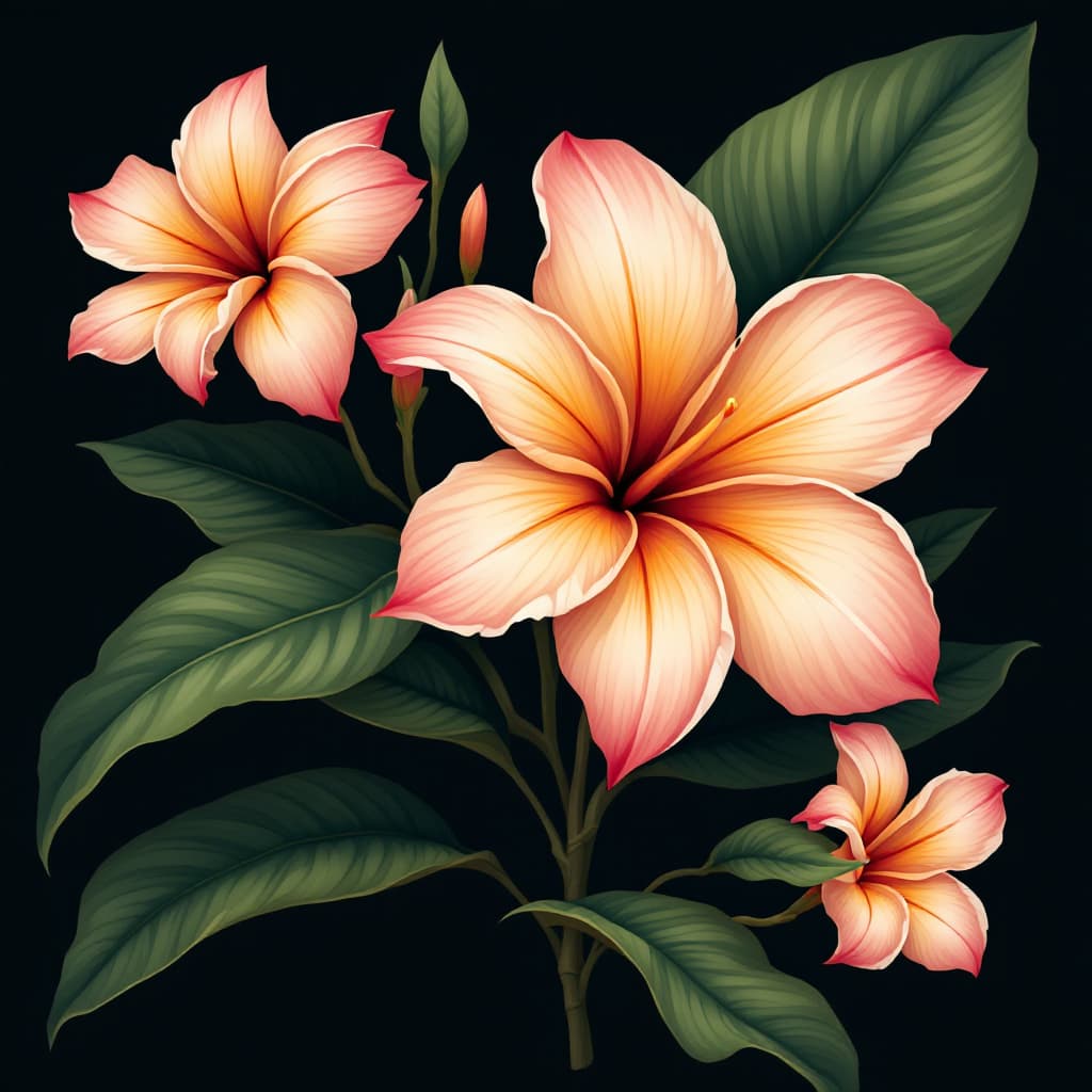 AI generated: a flat vector plumeria flower inj abricot tones and over it you habve the name manawu in dark green