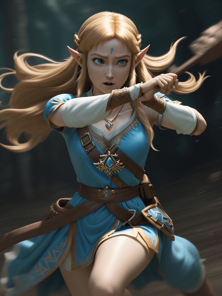 AI generated: Princess Zelda, action scene, 8k, High detail RAW color photo, realistic, (photo realism:1.4), highl...