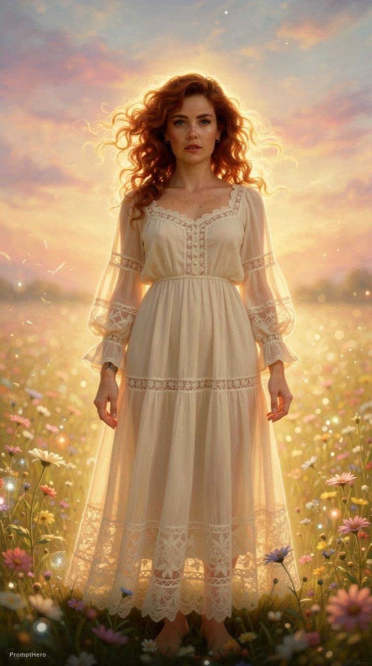 AI generated: A breathtakingly beautiful young woman standing in a glowing field of wildflowers under a dreamy sky...