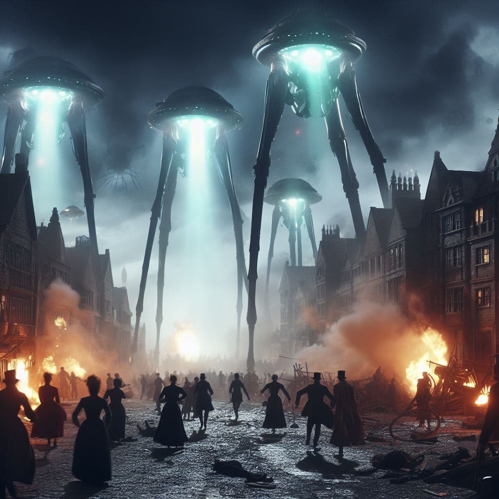 AI generated: H.g.wells, War of the Worlds in Victorian London, various detailed scenes of an alien attack, epic, ...