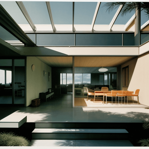 AI generated: Hyper realistic eye level exterior photo of a mid century modern style house overlooking the ocean, ...