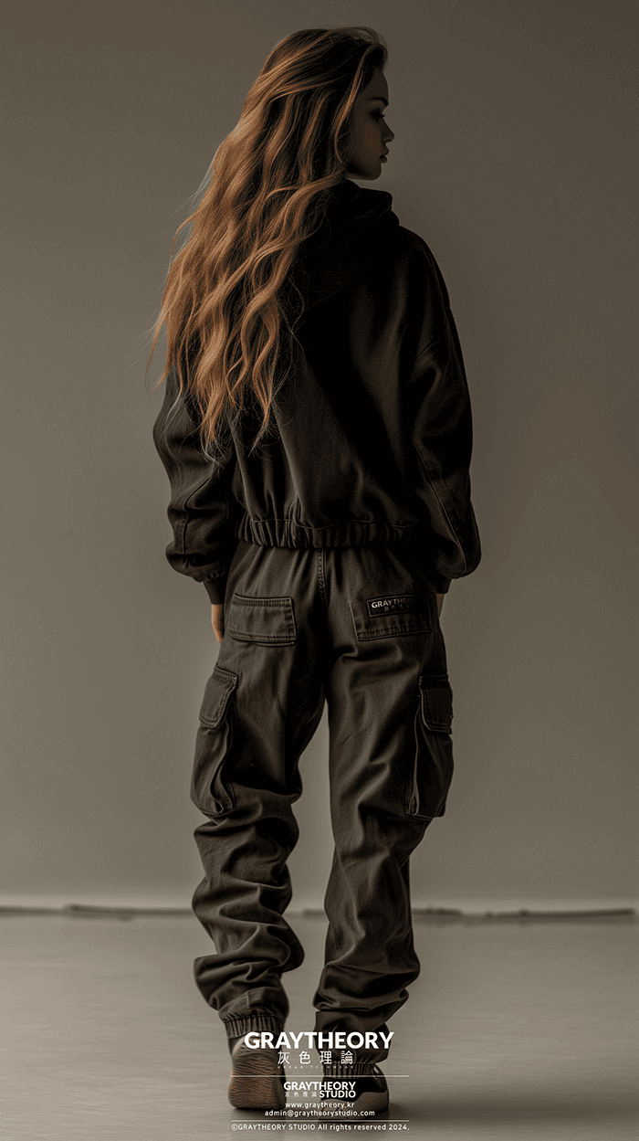 AI generated: Photograph, rear shot, woman model, blonde color hair, wearing long loose matte black cardigan, oliv...