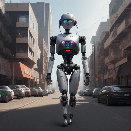 AI generated: Depict a surreal alternate future city street: Skynet harnesses 'robot genitals' , Dominating early ...