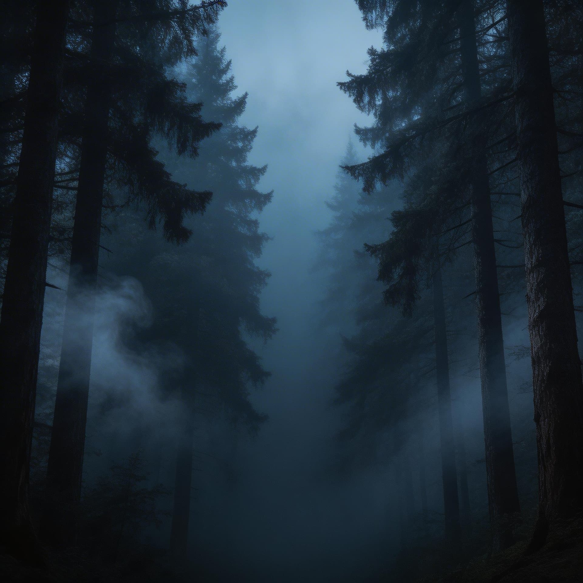 AI generated: dark foggy forest background, subtle mist, deep shadows between trees, cinematic lighting, mysteriou...
