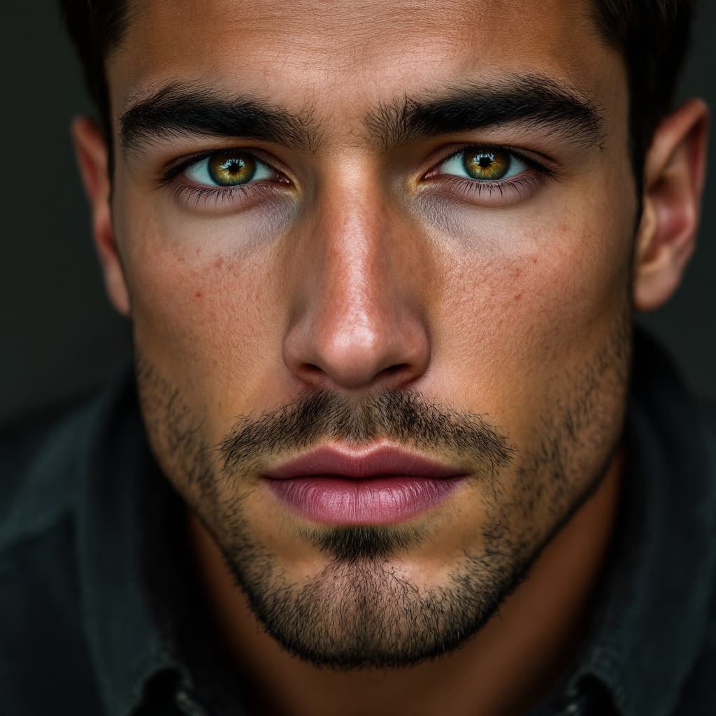 AI generated: A male in his 20's,muscular, face is very masculine.  the width of his chins is narrow,his eyes are ...