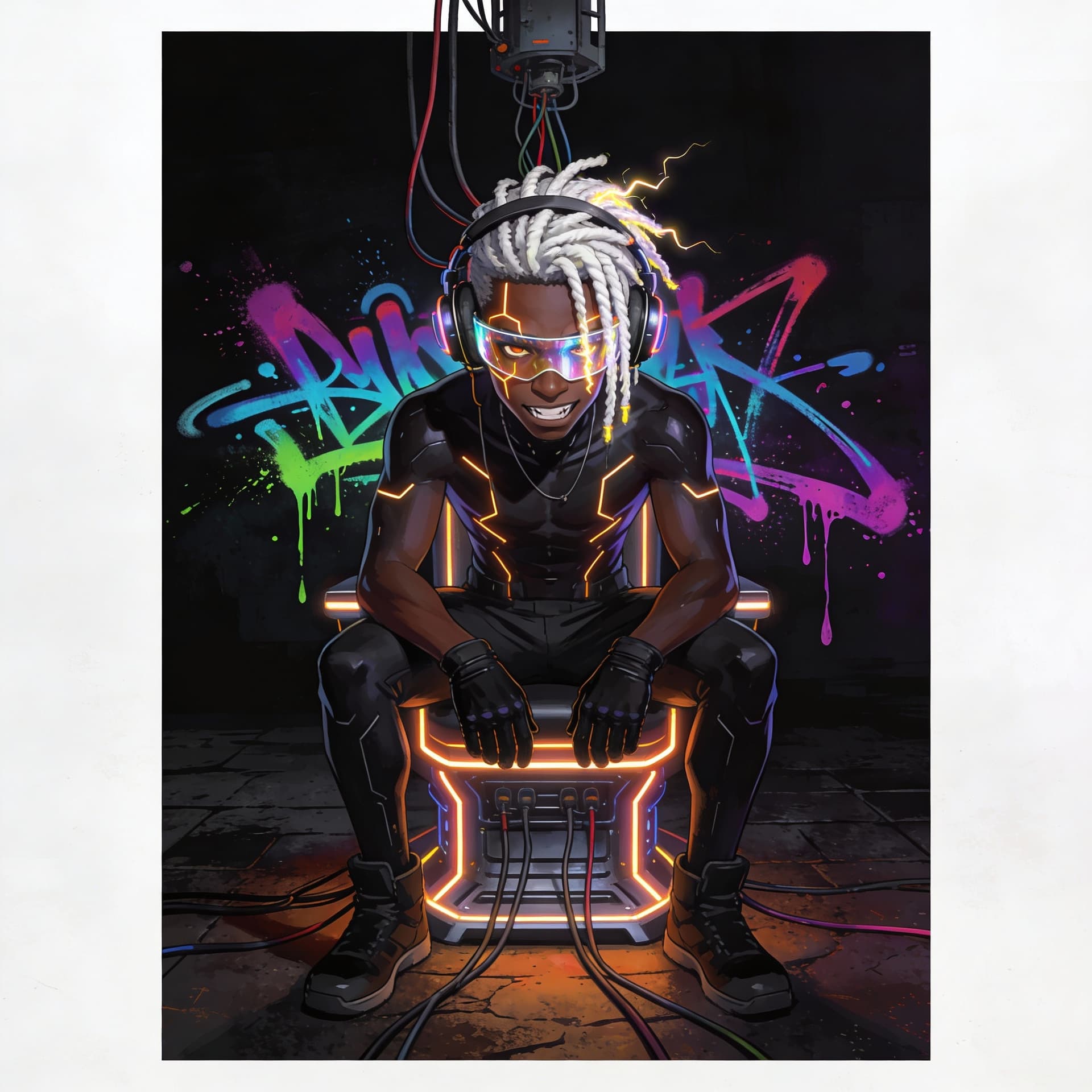 AI generated:  A full-body 3D anime style illustration of a futuristic cyberpunk African American male, his skin i...