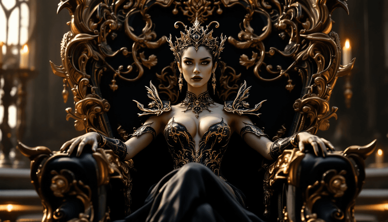AI generated: A very beautiful queen sitting on a black throne made of gold, with a serpent-dragon like elements a...