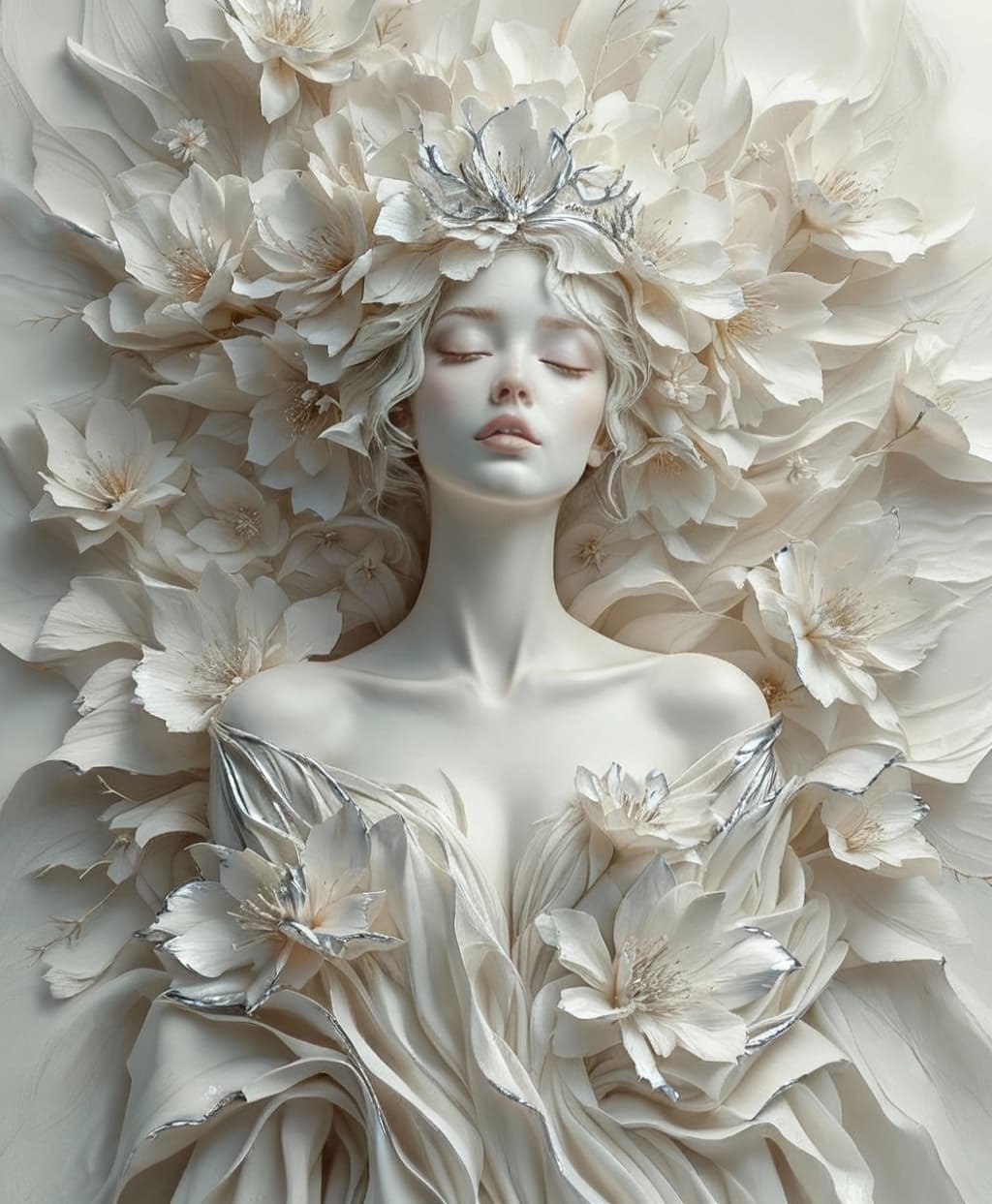 AI generated: Ethereal woman sculpted in layered paper textures, surrounded by blossoming petals that appear both ...