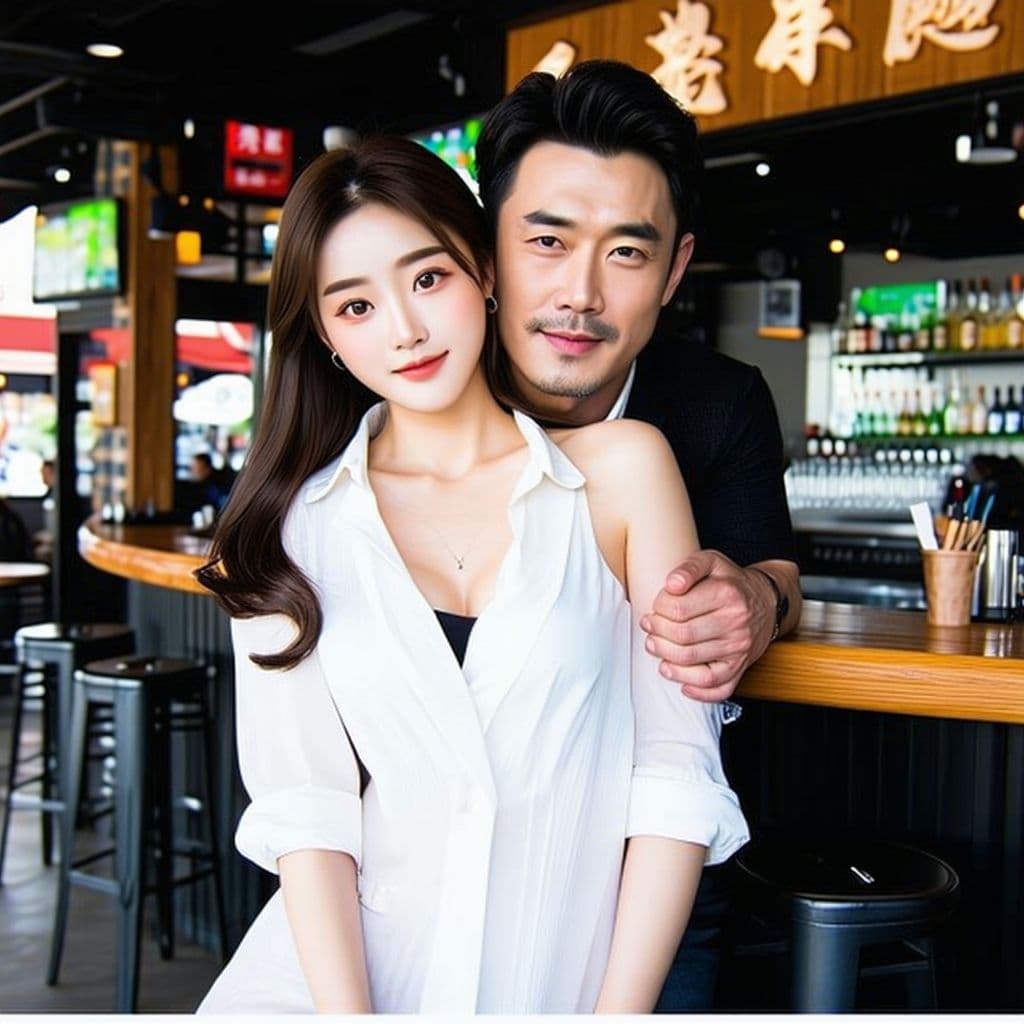 AI generated: Generate a image of beautiful asian girl and man, man behind the girl , small outfit, attractive pos...