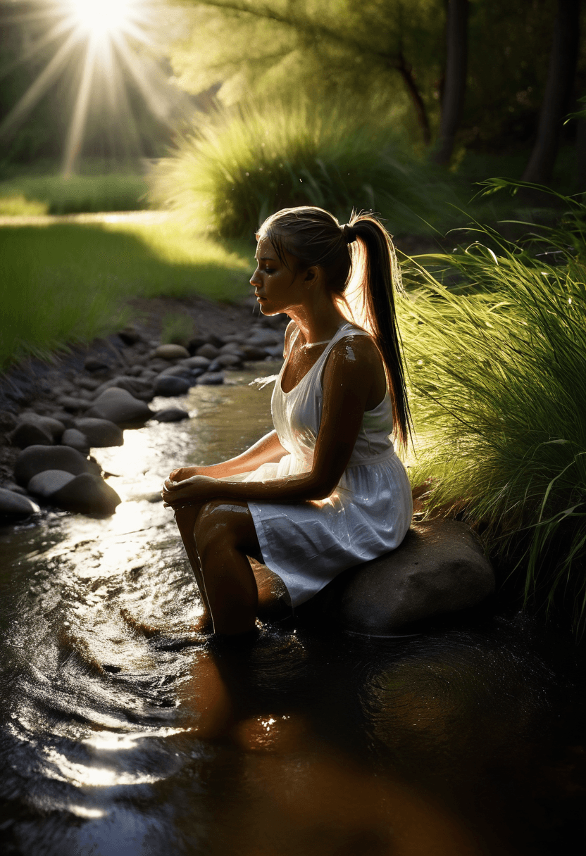 AI generated: This is a photograph of a stream flowing through a wooded backyard. Several rocks can be seen in the...