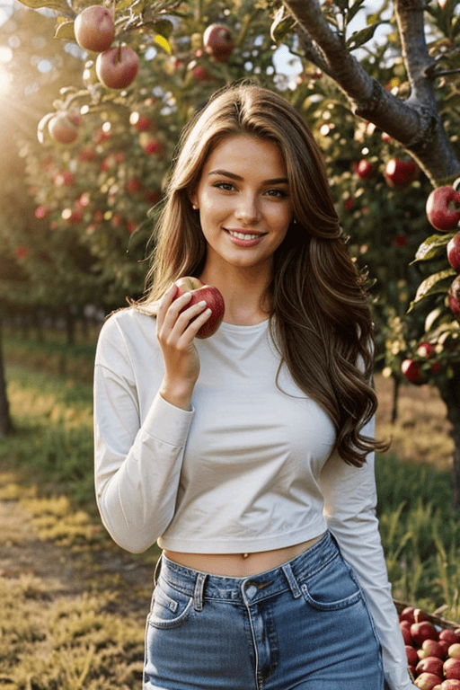 AI generated: photograph of a happy 25 year old woman picking apples in an apple orchard, wearing jeans and long s...