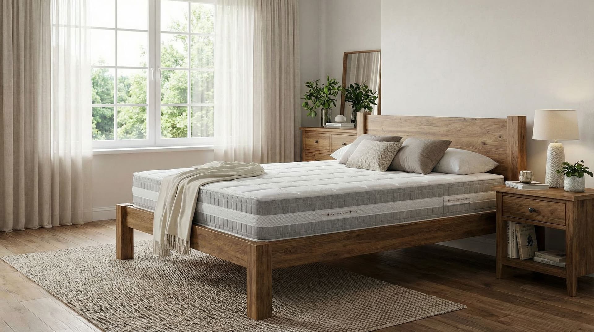 AI generated: place this matress on a bed in a bedroom with a back xindox and furniture
