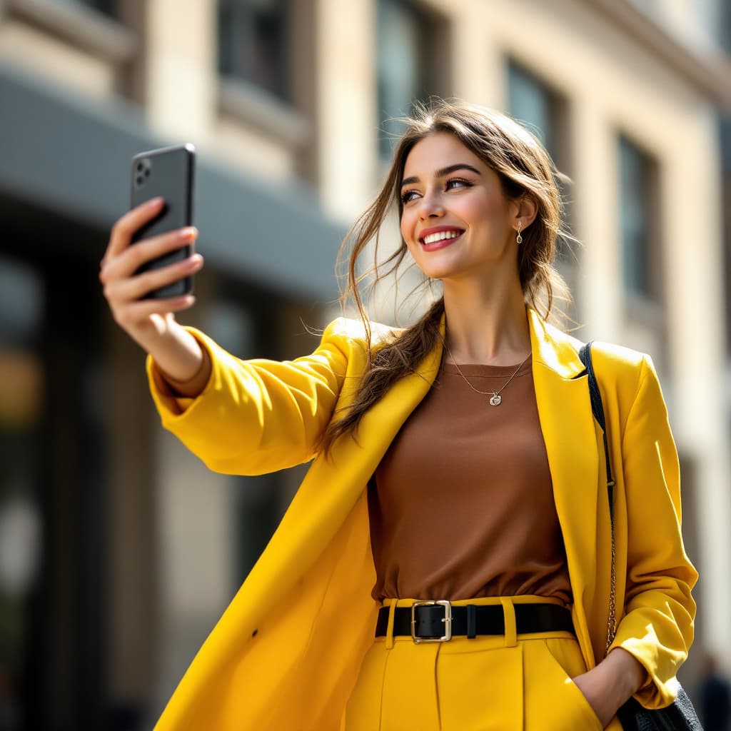 AI generated: 
1d
Photo of a young, stylish woman taking a selfie while walking in the street. She is wearing a ye...