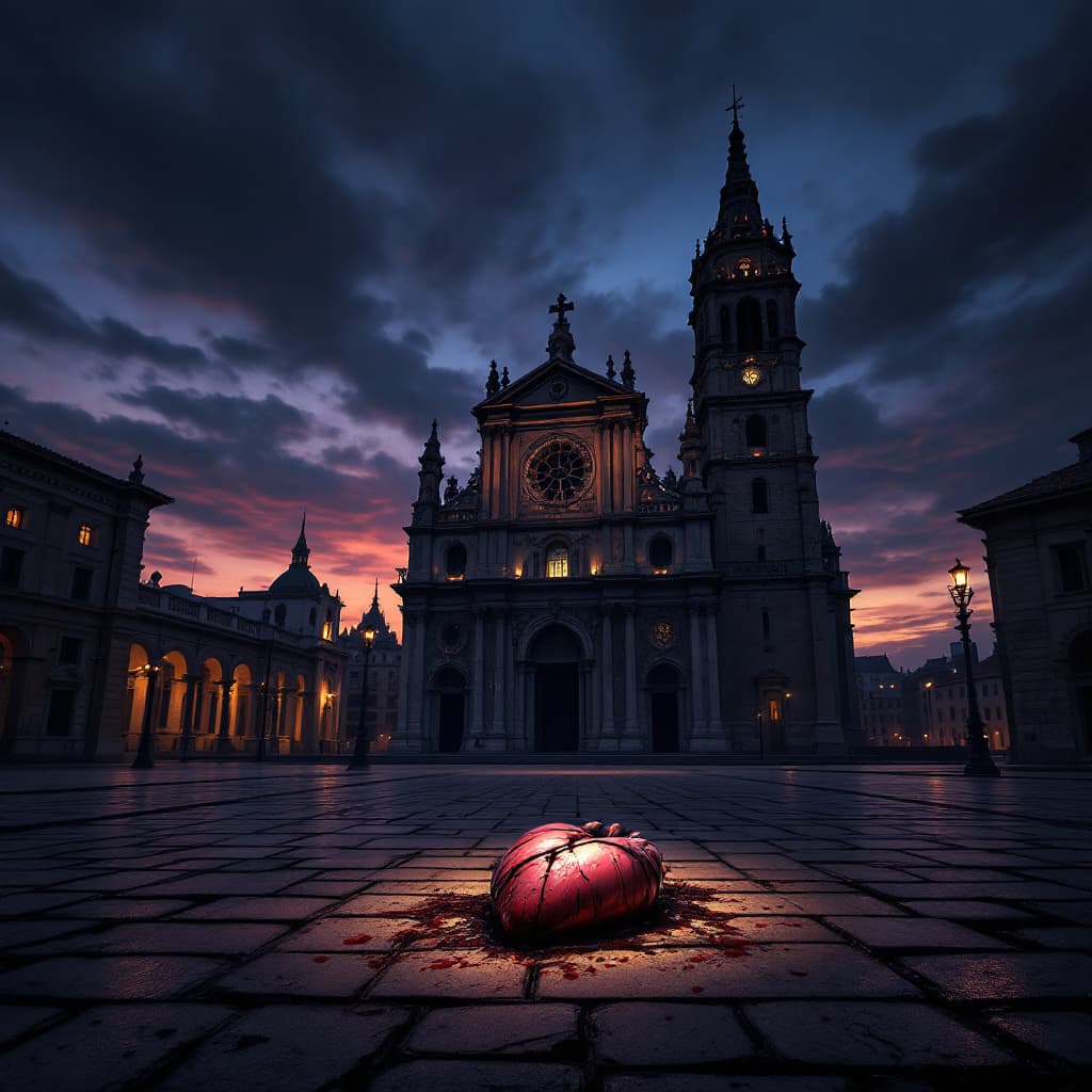 AI generated: Plano general amplio de una catedral gótica al anochecer, con toda la fachada visible, composición c...