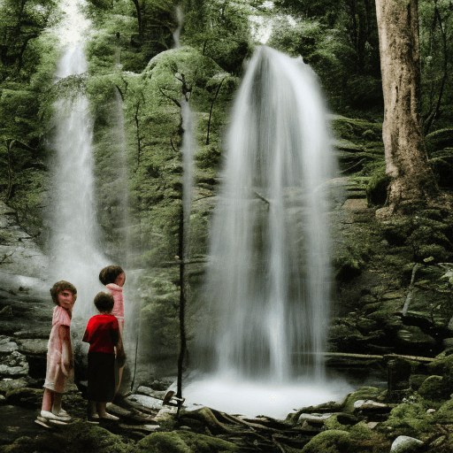 AI generated: 
Four children. Forest. waterfall. White moon