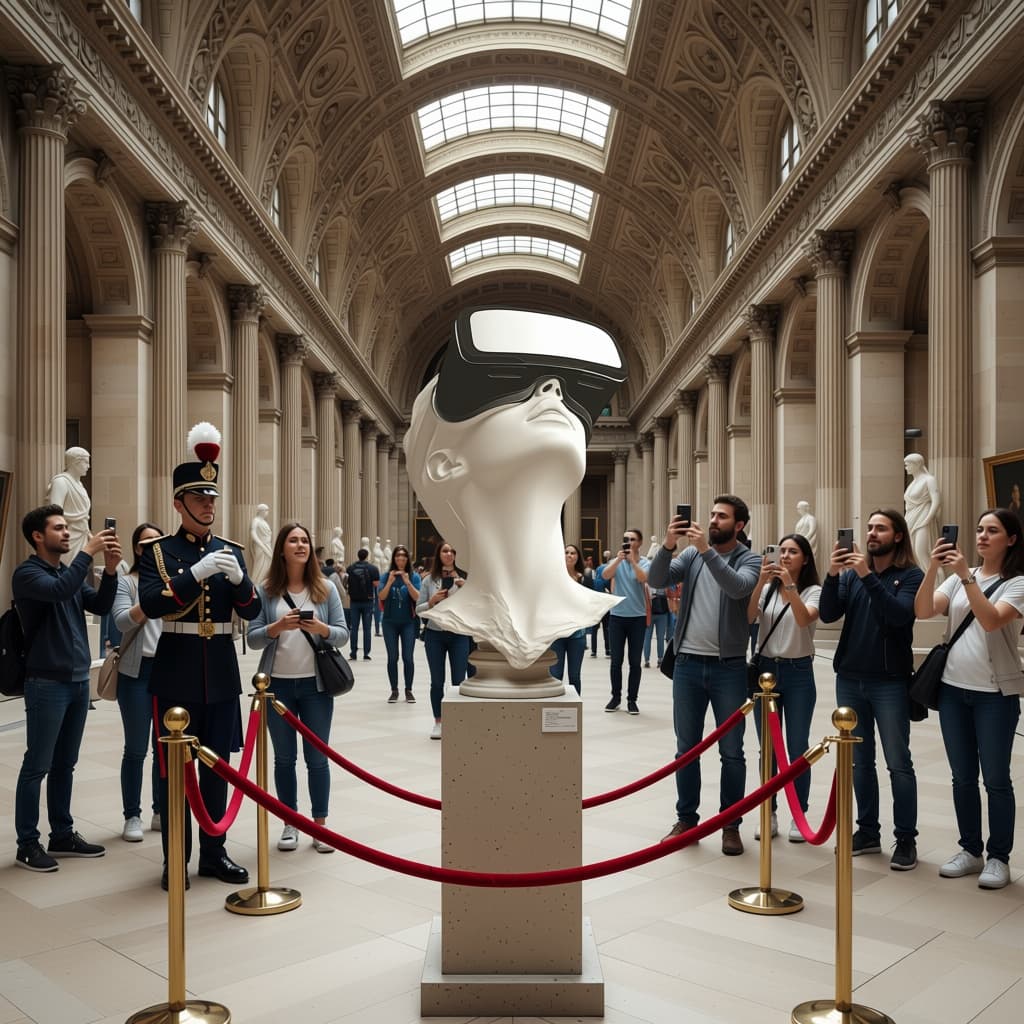 AI generated: add this to a bust in the louvre museum, overlooked by a guard, protected by red cords, tourists tak...