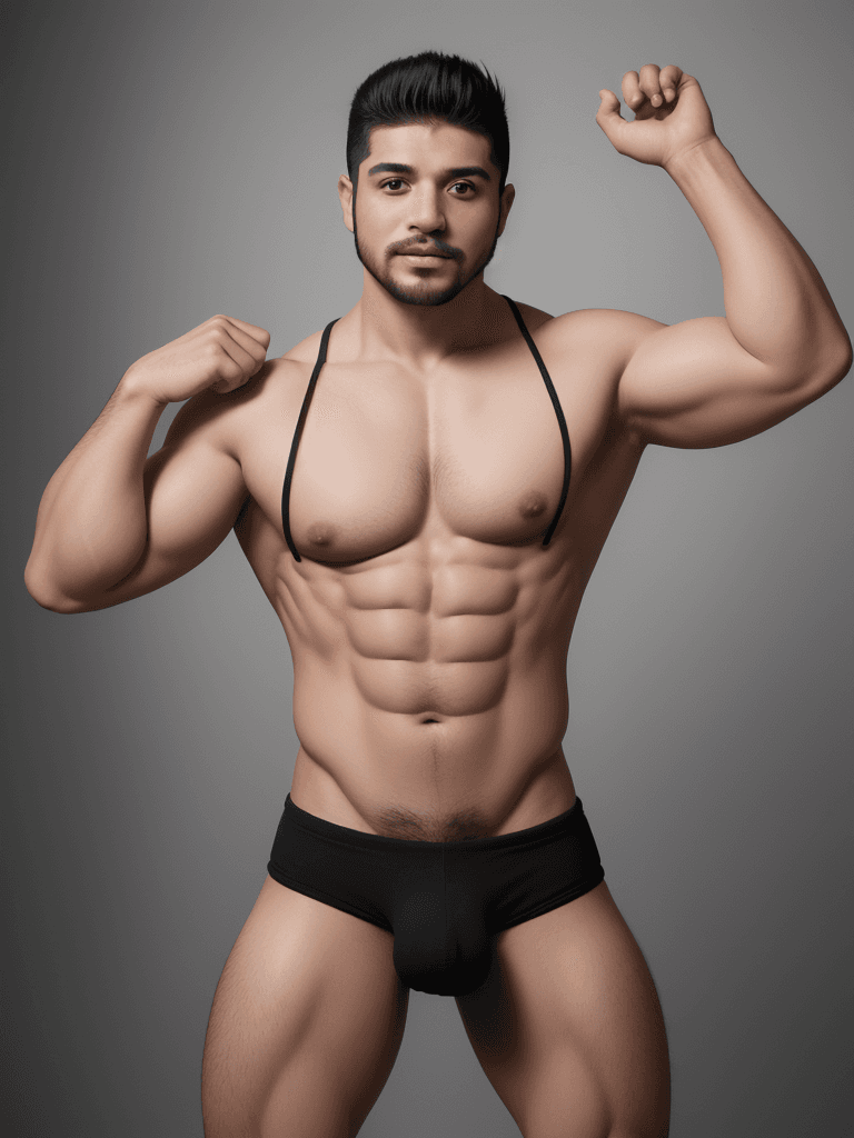 AI generated: hombre latino musculoso, en sus veintes, completamente sin ropa, foto de cuerpo entero que deja ver ...