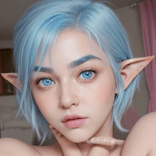 AI generated: (at home), ((girl)), ((Half-Elf)), ((light blue hair)), wolf cut, ((In a cute pink bedroom)), ((brig...