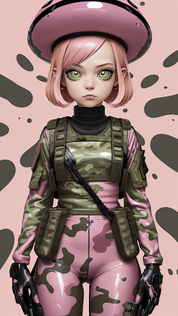 AI generated: in a funky background portrait of little mushroom woman, pink hair, wearing army attire, Prominent e...