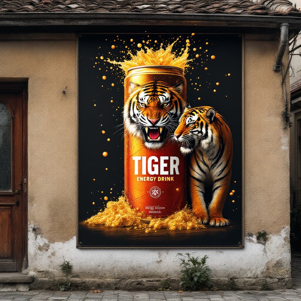 AI generated: A large poster on the wall of a townhouse, featuring a rustic and massive cylindrical energy drink c...