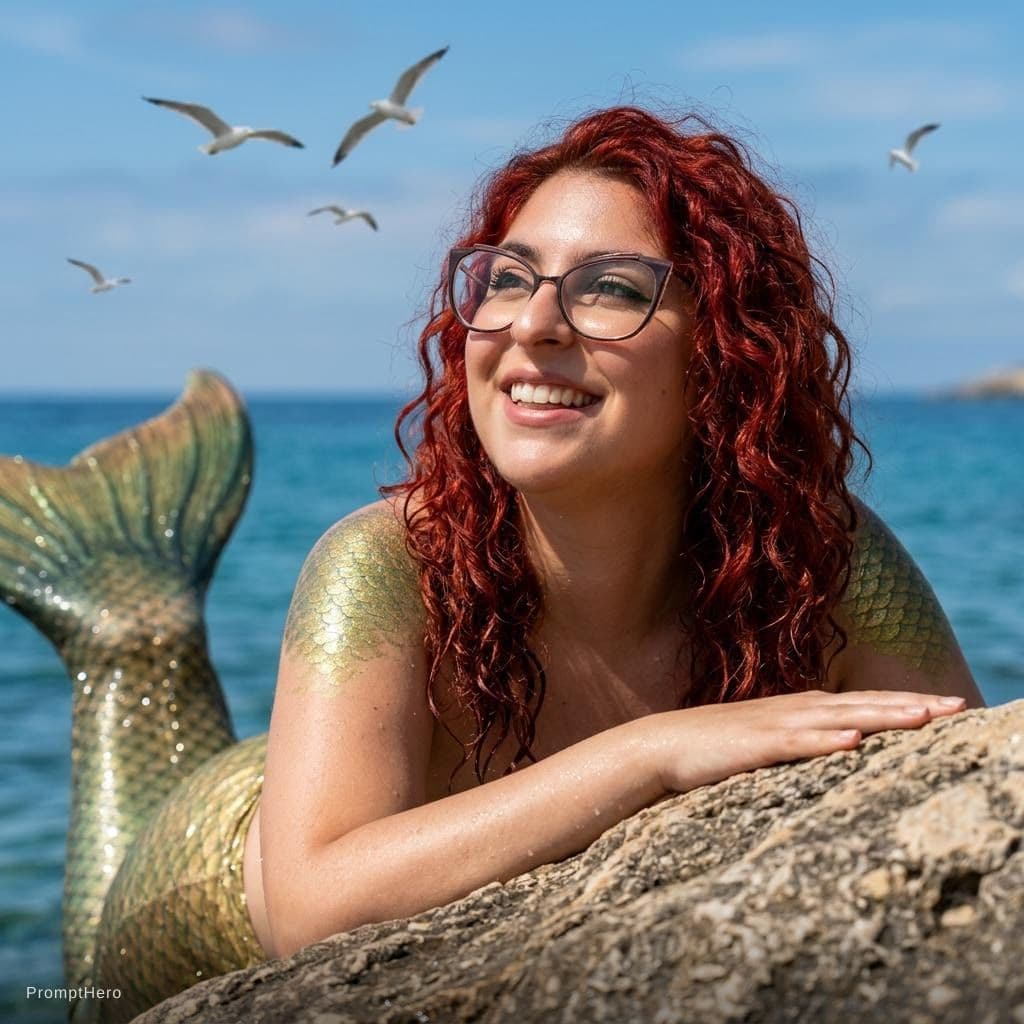 AI generated: siren, shimmering tail, curly red hair, sunning on a rock, azure sea, seagulls soaring, close up