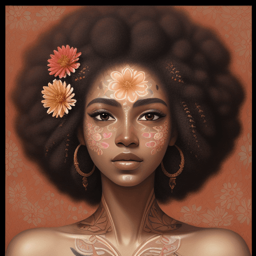 AI generated: detailed painting of beautiful of woman face, flower printed skin, flower patterns on face, think te...