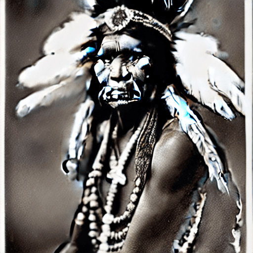 AI generated: a vintage black and white photo of a Native American chief wearing traditional clothing and and feat...