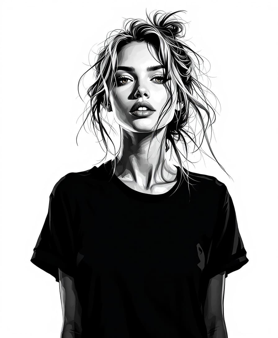 AI generated: black and white portrait of a woman wearing a tshirt, in the style of detailed comic book art, 32k u...