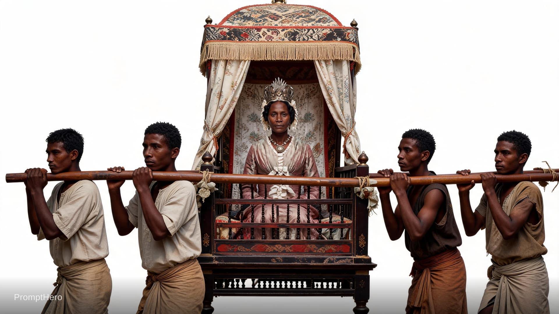 AI generated: can you add the woman from input image to be ride palanquin, known locally in Madagascar as a filanz...