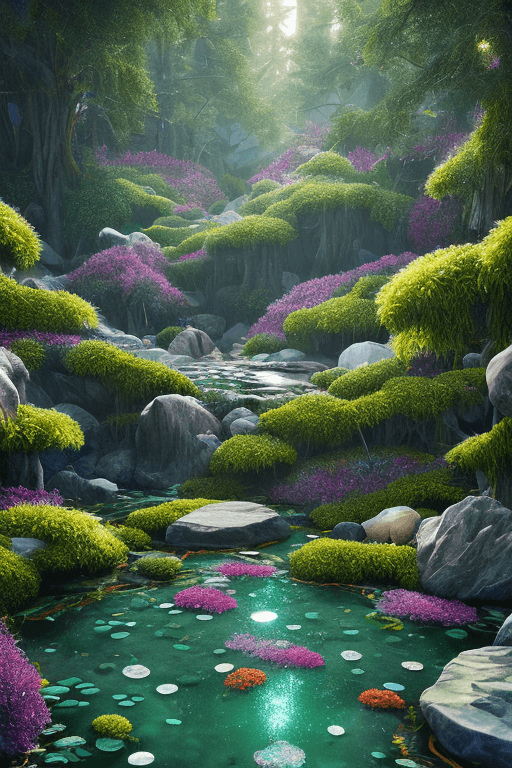 AI generated: relaxing night Forest flower crystals::4 emitting glitter garden landscape with pool of clear water ...
