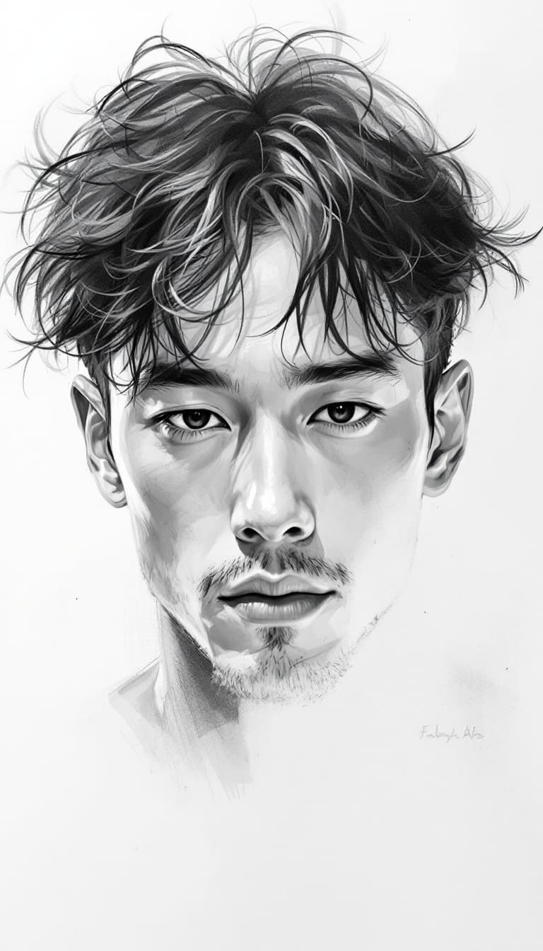AI generated: drawing an artistic digital image of a man  ,  in the style of frank cho, elina karimova, mono-ha, s...